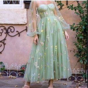 Elegant Sage Green Floral Tulle Midi Dress